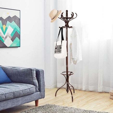 COSTWAY Porte-Manteau sur Pieds en Bois avec 12 Crochets,Porte-Parapluie,Charge Maximale 10KG,180CM de Hauteur pour l’Entrée,Salon,Chambre à Coucher,Bureau (Brun rougeâtre) (1/5)