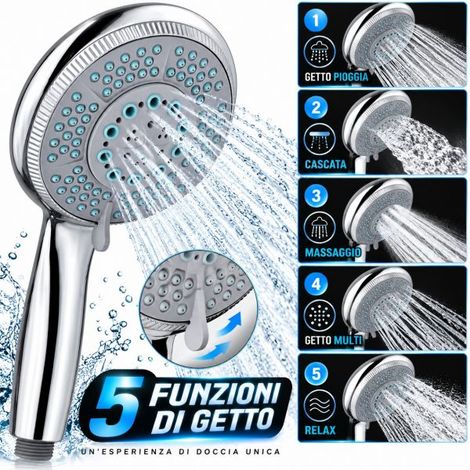 Soffione Doccia Doccetta a 5 Getti Ø12 cm in Abs universale 1/2" Cromato (1/5)
