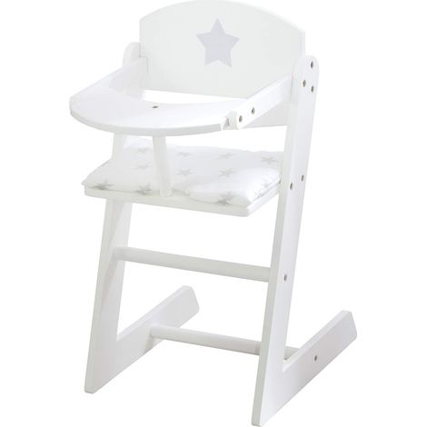 Chaise Haute pour Poupon et Poupée en Bois Laqué Blanc + Coussin Imprimé Étoiles Grises - avec Plateau Repas - Hauteur 51 cm - dès 3 Ans (1/5)