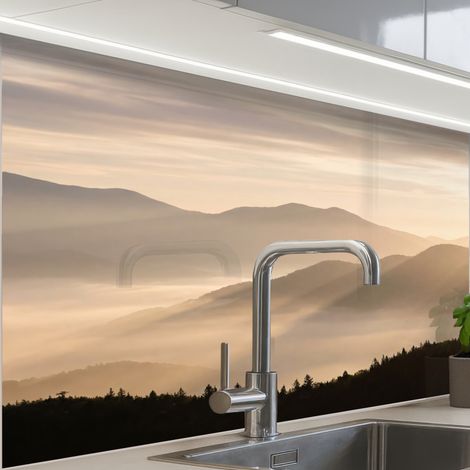 REVETEMENT MURAL DE CUISINE, CRÉDENCE DE CUISINE Montagnes - Brouillard - Rayons de soleil 80x60 cm