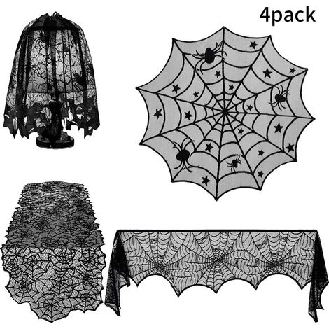 4 pièces Nappe Halloween avec Motifs Chauves-souris, Toile d'Araignée et Dentelle - Décoration de Table et Couvre-Lampes pour Fête (1/5)