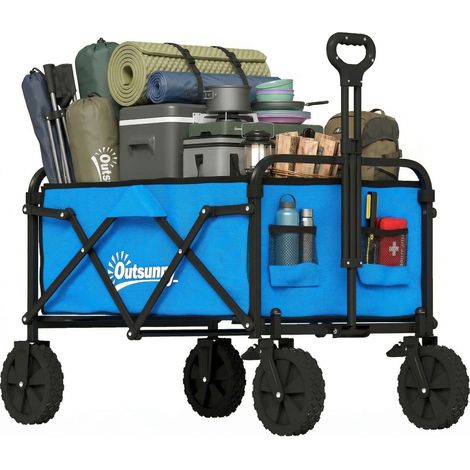 Outsunny carro playa con ruedas grandes bloqueables, carro de jardín plegable con mango ajustable, portavasos, carga 80 kg para jardín, compras, azul