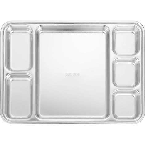 assiette compartimentée en acier inoxydable pour la maison, assiette à fruits, assiette à petit-déjeuner-28X21X2CM-Silver (1/3)