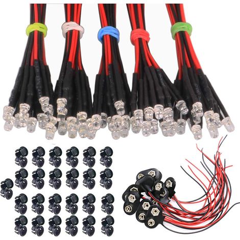 50 diodi LED precablati da 3 mm, diodi LED cablati, diodi a emissione di luce + 50 staffe di montaggio in plastica per pannelli luminosi a LED da 3 mm + 10 connettori per batteria di tipo T da 9 V