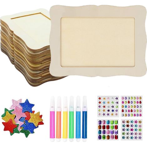 10 Holzbilderrahmen zum Bemalen mit Acrylstiften & Stickern, DIY Bastelset (1/4)