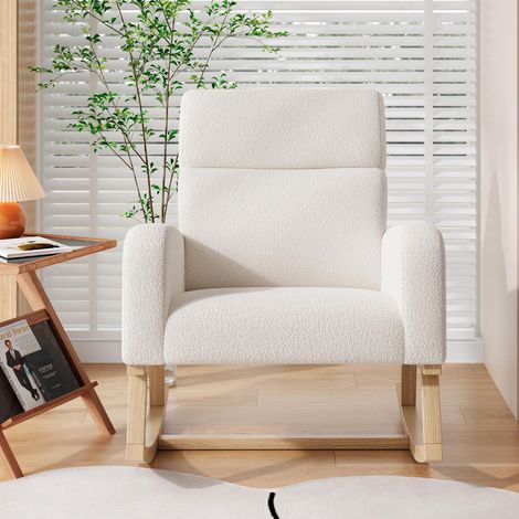 Eifson – Fauteuil à bascule scandinave en tissu sherpa – Dossier inclinable – Accoudoirs avec poches de rangement – Pieds en bois massif – 69x78x87cm