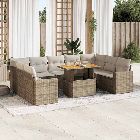 Salon de Jardin 10 Places en Résine Tressée Beige avec Coussins - Table Réglable et Modules de Rangement (1/4)