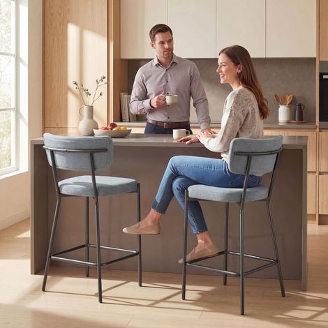Lot 2 tabourets Gris bar dossier repose pieds métal/tissu clair