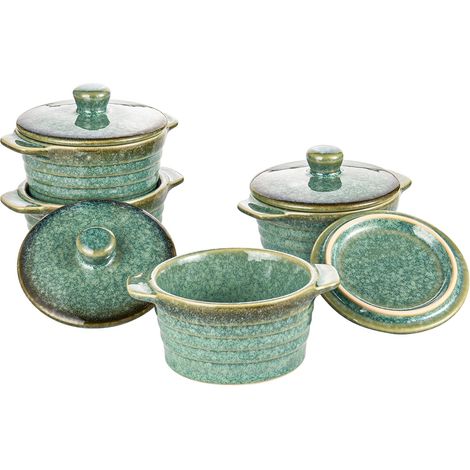 Set of 4 Mini Stoneware Casserole Dishes 230 ml with Lid Glossy Green (1/5)