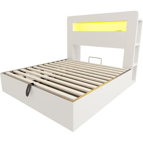 Lit coffre en bois blanc 140 x 200 cm avec relevage hydraulique, LED et prises intégrées (1/5)
