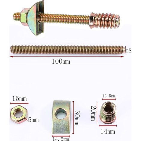 Lot de 4 raccords de meubles M8 x 100 mm 4 en 1, connecteurs de meubles en demi-lune, rondelles d'espacement pour assemblage de table, lit, boulons et écrous (1/3)