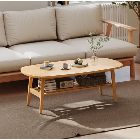 Mesa de centro ovalada con estante inferior en madera clara, 120 x 60 x 42 cm, carga hasta 100 kg, mesa de salón para revistas, mandos y uso diario – CHICFURN (1/5)
