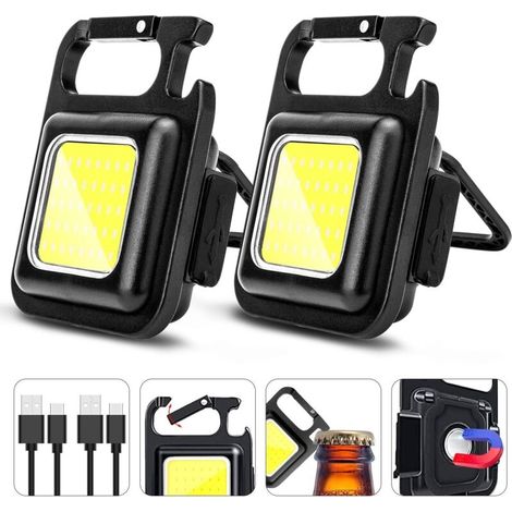 Porte-clés lampe de travail rechargeable EDC porte-clés lampe de poche lampe de secours avec support pliable décapsuleur pour la pêche, le camping et la marche paquet de 2