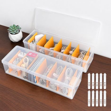 2 boîtes de rangement filaires avec 7 compartiments amovibles, boîte de gestion filaire transparente avec couvercle, stockage filaire de bureau Multi - usage de scène (1/5)