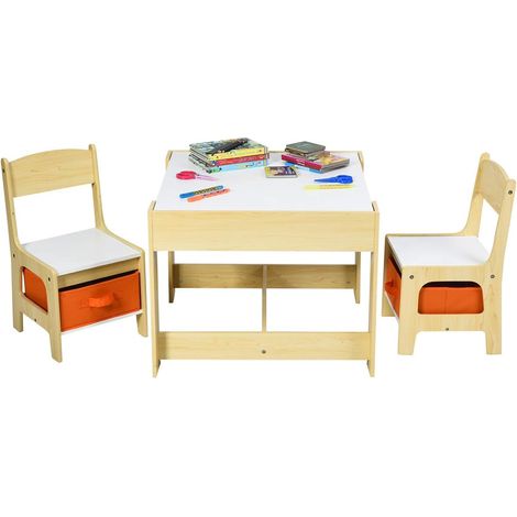 COSTWAY Set Tavoli per Bambini in Legno - Tavolino Bambini, Sgabelli, Lavagna Cassetti e Contenitore, Scrivania Tavolino Multiuso, Beige (1/5)