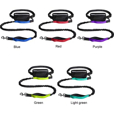 Laisse de ceinture mains libres pour chien avec pochette zippée amovible, sangle réfléchissante, double élastique, double poignée, idéale pour la course nocturne.