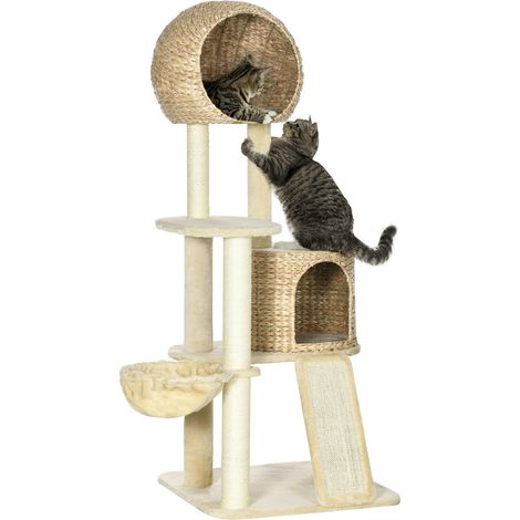 Kratzbaum katze Mit Katzenhaus aus Rattan, mehrere Plattformen, Hängematte & Rampe, Kippschutz, Plüsch, Beige, 60 x 60 x 150 cm