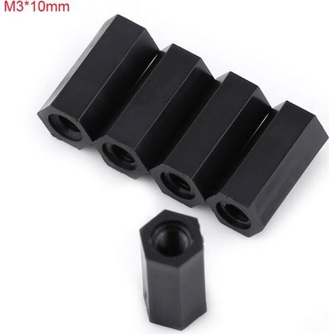 100 piezas de espaciadores hembra negros PA66, espaciadores de nailon, accesorios de nailon, espaciadores roscados hexagonales hembra M3 x hembra M3 (M3x10) (1/4)
