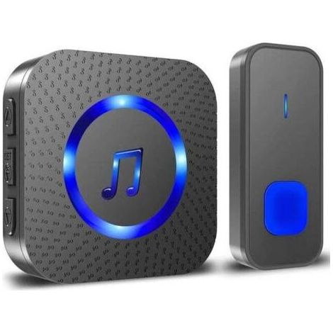 Sonnette sans Fil, 400M Sonnette de Porte IP55 Étanche Carillon Electronique, 55 Mélodies au 5 Niveaux Volumes, LED Bleu Noir (1/5)