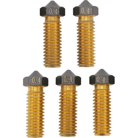 Set aus 5 3D-Drucker-Extrusionsdüsen (0,4 mm) aus Messing mit PTFE-Beschichtung, kompatibel mit 1,75 mm Filamenten (Volcano-Typ). (1/5)