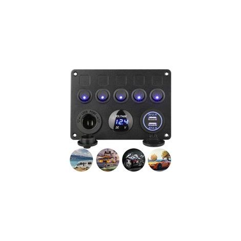 5 Gang Panneau de Commutateur à Bascule 12V 24V Interrupteur à Bascule Étanche IP65 Panneau de Commutateur avec Chargeur Double USB Voltmètre pour Voiture Bateau Camion RV Marine Camping-car (1/4)