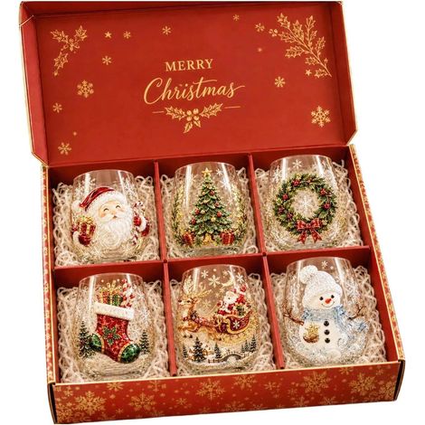 Lot de 6 verres de Noël 3D sans pied, 300 ml  Motif flocons de neige, pour boissons festives et tables de fête. (1/5)