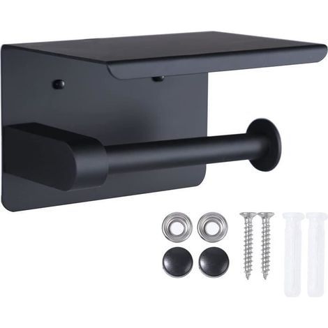 Wall-mounted toilet paper holder in black zinc alloy – Integrated phone holder – Drill-free installation – Modern design – Versaillesfr (1/3)