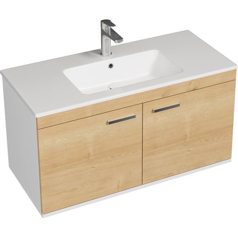 RUBITE Meuble salle de bain simple vasque 2 portes chêne clair largeur 100 cm (1/4)