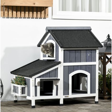 Caseta para gatos de madera gris, 2 niveles, para descansar y observar, 96 x 65 x 85,5 cm (1/5)
