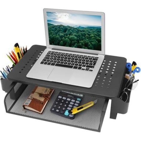 Support d'écran réglable avec tiroirs et paniers, gestionnaire de bureau pour ordinateurs de bureau, ordinateurs portables, iMac, PC, imprimantes, support d'écran pour la maison et le bureau (1/5)