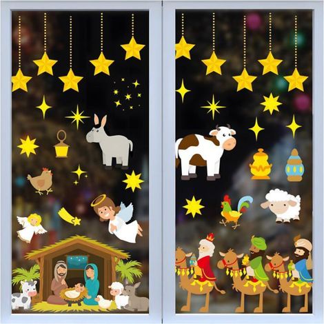 Films adhésifs pour fenêtres avec scène de la Nativité, autocollants pour fenêtres effet vitrail, décorations de Nol pour fenêtres (1/5)