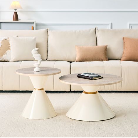 Lot de 2 tables basses gigognes rondes 70 et 50 cm, plateau mélaminé effet pierre, métal crème et doré (1/5)