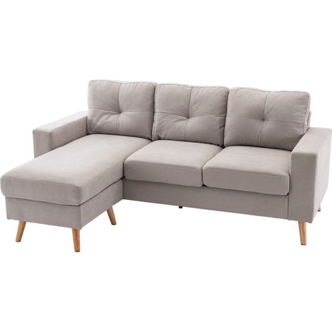 Canapé d'angle 3 places, aspect lin, méridienne réversible, 193x136x85 cm, gris clair (1/5)