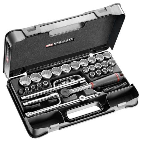 Facom – Coffret cliquet et douilles 1/2' 12 pans métriques – 30 pièces – 1 x cliquet étanche S.161B – 24 douilles de 8 à 34 mm – 2 rallonges 130/250 mm
