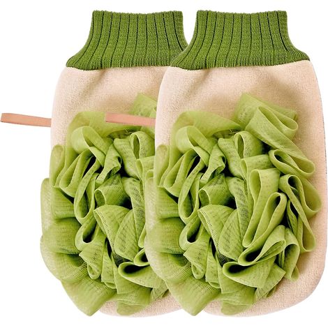 Paquete de 2 guantes exfoliantes con esponja de ducha, guantes de gel de ducha 2 en 1, guantes exfoliantes con bola de ducha (verde) (1/5)