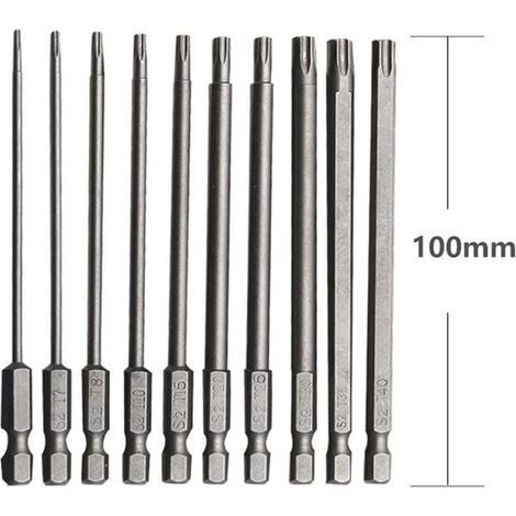 Jeu de 10 embouts longs pour tournevis et visseuse électrique Embout Torx Long en Acier Allié au Chrome Vanadium 75mm Embout Visseuse Long Antirouille Jeu (1/4)