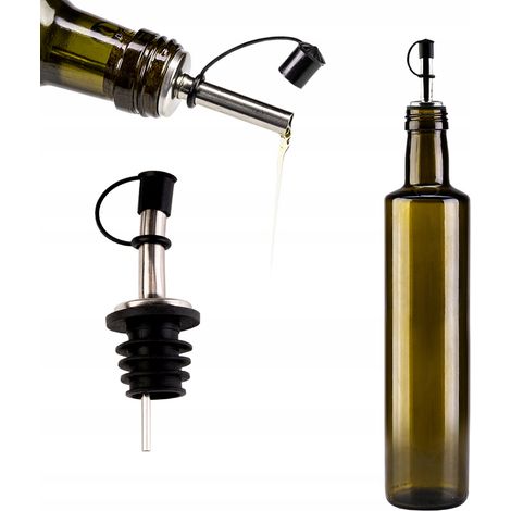 Set - 1 bottiglia Dorica da 500 ml color oliva + 1 versatore per vino in metallo con tappo e tappo in gomma