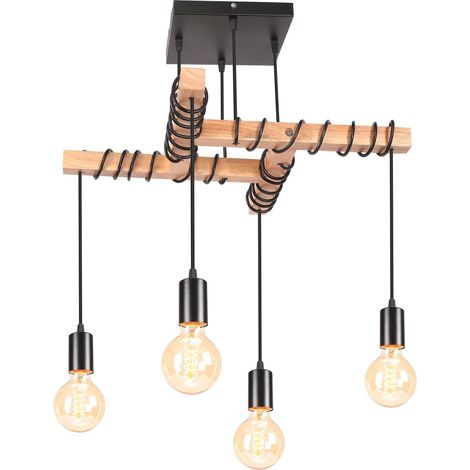 4 Lampes Suspension Luminaire Industrielle, Lustre Vintage en Métal et Bois E27 Luminaire Plafonnier Rétro Noir Réglable Lustre Suspension pour Salon Salle à Manger Cuisine (Type Lustre) (1/5)