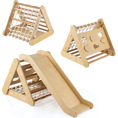 COSTWAY 4 in1 Set Arrampicata per Bambini, Triangolo Arrampicata Bambini con Scivolo, Giocattoli da Arrampicata in Legno con Rete, Carico 50kg, 1 Anni+ (Naturale) (1/5)