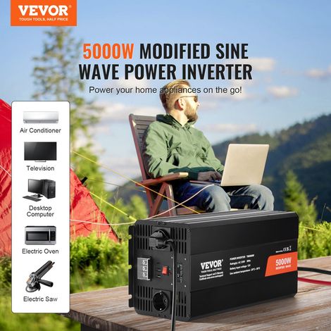 Onduleur à onde sinusoïdale modifiée, 5000 W, onduleur CC 12 V à CA 230 V avec 2 prises CA, 2 ports USB, 1 port Type-C, écran LCD e… (1/5)
