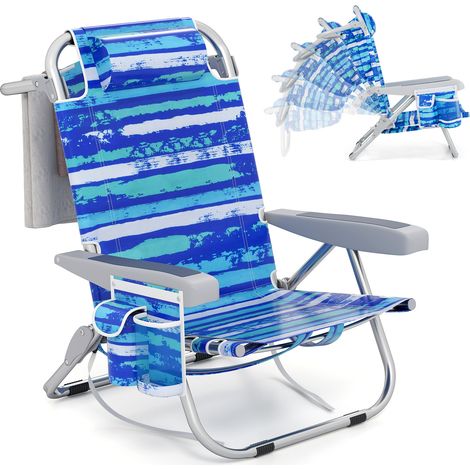 Chaise Longue, Chaise de Plage Pliable, 5 Positions Réglable, Porte-Gobelet, Porte-Serviette, Poches, Appui-tête, Sangles (Marine,1 pièce) (1/5)