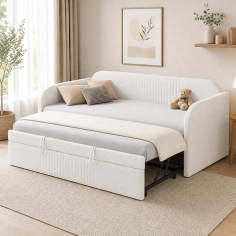 Divano letto estraibile 90/180 x 190 cm in tessuto di lino beige, senza materasso - FLORAGRACE (1/5)