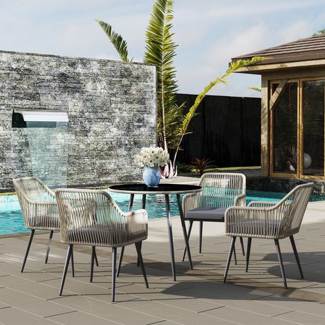 Set di mobili da giardino per esterni a 4 posti in resina intrecciata - cuscini e tavolo rotondo in vetro, per patio, giardino, marrone