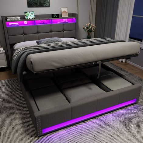 Cama infantil de 140x200 cm con función de carga y compartimentos de almacenamiento en el cabecero, iluminación LED y compartimento de almacenamiento, color gris. Colchón no incluido. (1/5)