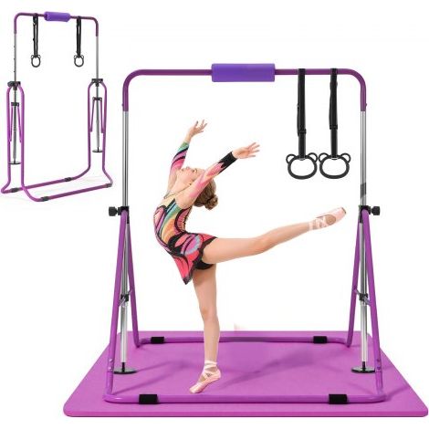 Barra de Gimnasia Plegable Capacidad de 63,5 kg con Colchoneta, Barra Horizontal con Altura Ajustable de 5 Niveles 914 a 1321 mm, Equipo de Entrenamiento en Casa, Estructura Estable, Morado