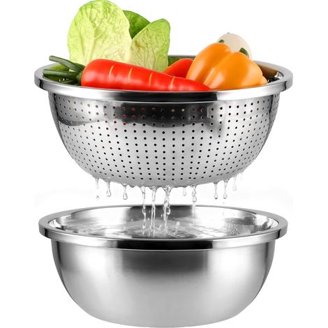 Passoire Cuisine Inox 30 cm et Bol Mélangeur, Lot de 2 Saladier Inox épais, Ensemble égouttoir avec Plateau pour Laver Légumes, Fruits et Pates (1/5)