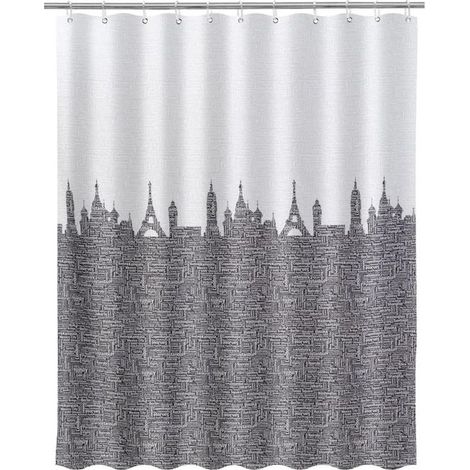 Rideau de salle de bain - JUANIO - Modèle Standard - Blanc/Gris - Polyester - 200 x 180 cm - 12 anneaux (1/3)