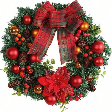 Guirlande de Noël décorative pour porte d'entrée avec baies rouges, feuilles vertes et grand nœud, suspension festive pour balcon et chambre, décoration murale à accrocher (1/5)