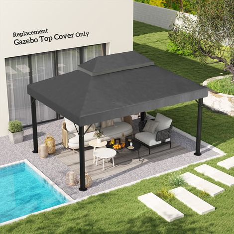Toile de rechange pour pavillon toile de tonnelle 4 x 3 m, double toit avec trous de drainage, polyester 370 g/m², gris (1/5)