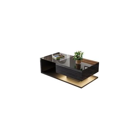 Neche – Table basse fixe en verre noir brillant 105 cm – Rangement LED avec tiroir – Design moderne pour salon – Structure stable et durable
